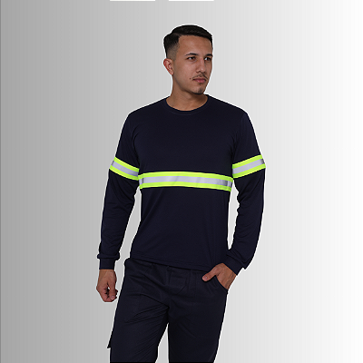 Camiseta PV - Gola Redonda - Manga Longa - Com Faixa Refletiva Verde