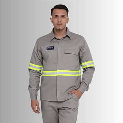 Camisa NR10 - 100% Algodão com Faixa Refletiva Verde - Cinza Claro