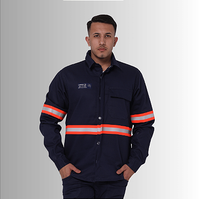Camisa NR10 Eletricista Faixa Laranja - Risco 2 - AntiChamas - Marinho