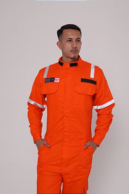 Macacão NR10 Eletricista Faixa Cinza Risco 2 - AntiChamas - Laranja