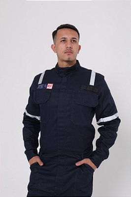 Macacão NR10 Eletricista Faixa Cinza Risco 2 - AntiChamas - Marinho