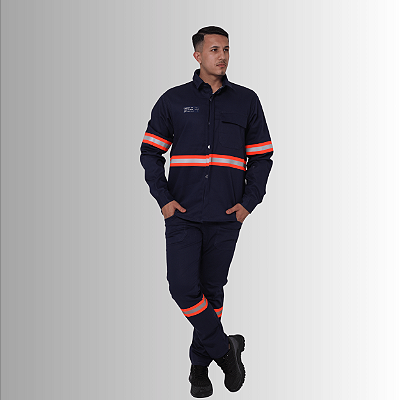 Conjunto NR10 Eletricista Faixa Laranja Risco 2 - AntiChamas - Marinho