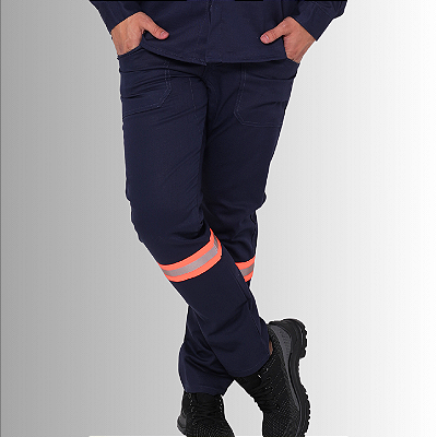 Calça NR10 - 100% Algodão com Faixa Refletiva Laranja - Azul Marinho