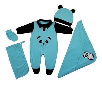 Saída De Maternidade Azul Urso Panda com 5 Peças