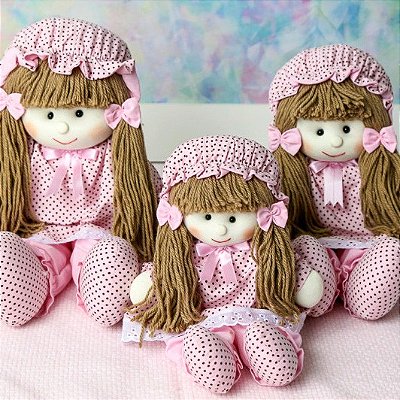 Trio Boneca de Pano Luiza com Vestido Rosa Poá Marrom 25cm 30cm 40cm