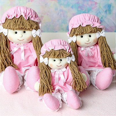 Trio Boneca de Pano Luiza com Vestido Rosa Poá Branco 25cm 30cm 40cm