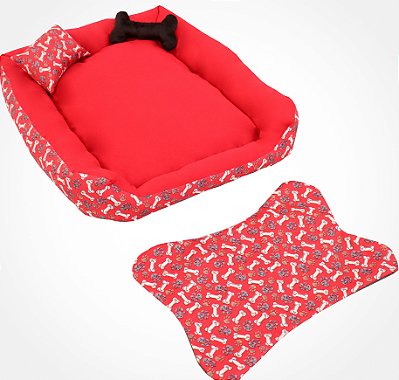 Caminha Pet Luxo Quadrada 4 Peças (G) (65x55x13cm) - Vermelho Liso Osso