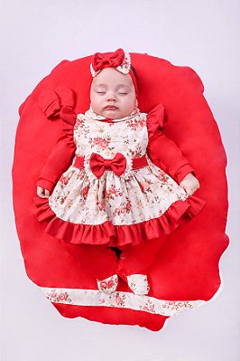 Saída de Maternidade Pom Pom Menina Floral Com Lacinho 4 Peças Cor:Vermelho Floral