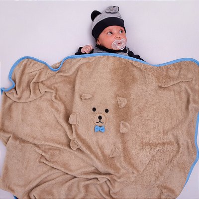 Manta Para Bebê Ursinho - Avelã com Azul