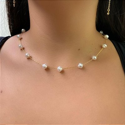 Colar Essência - Malha cartier com Pérolas barrocas 8mm