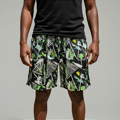 Shorts Tactel Estampado Masculino Preto com detalhes Verde