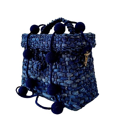 Bolsa de Palha Feminina Azul Alça PomPom Crochê Modelo Baú