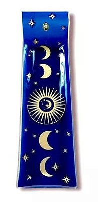 Porta Incenso Retangular Fases da Lua Incensário Vidro Azul