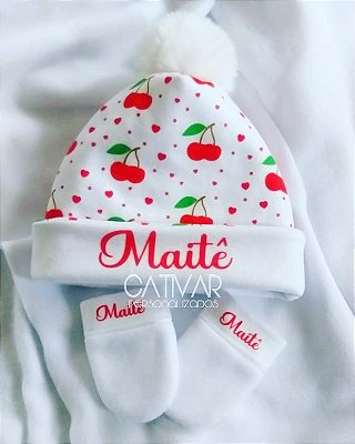 Touca com pompom e Luvinha Cerejinhas
