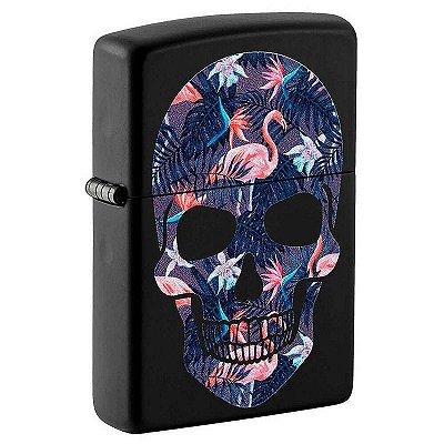 Isqueiro Zippo 49771 Classic Flamingo Skull Preto Fosco