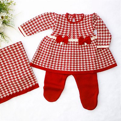 Saída de maternidade menina vestido xadrez Bruxelas 3 peças tricot