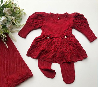 Saída Maternidade Menina Vestido Bufante Tricot 3 Peças