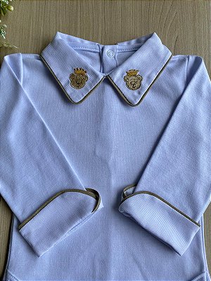 Body Camisa Branco com Bordado de Urso Príncipe - 100% Algodão Bebê