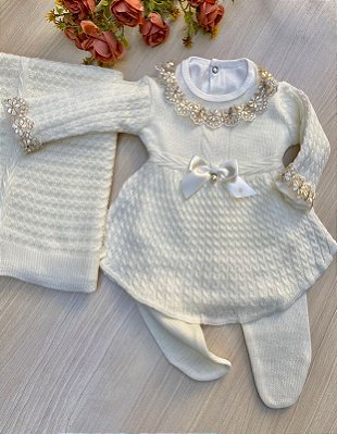 Saída de maternidade de menina vestido plissado em tricot 4 peças