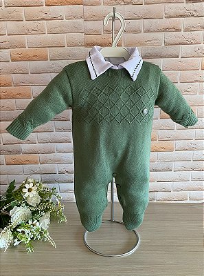Macacão charles em tricot + body bordado em algodão 2 peças