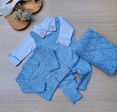 Saída de maternidade de menino Dubai em tricot 6 botões com 4 peças