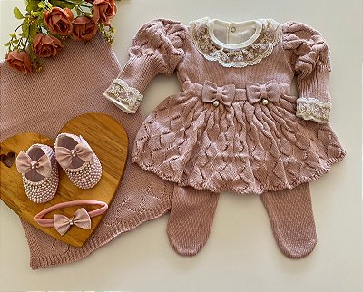Saída de maternidade de menina vestido bufante em tricot completa