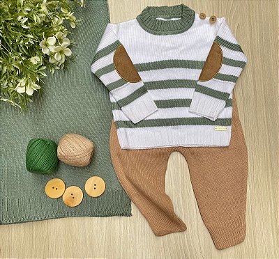 Saída de Maternidade Menino Tricot Listrada - Manta Calça e Cardigã 3 Peças