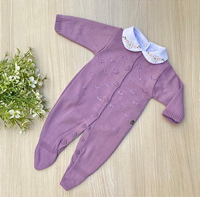 Macacão margarida menina em tricot com body bordado de flores 2 peças