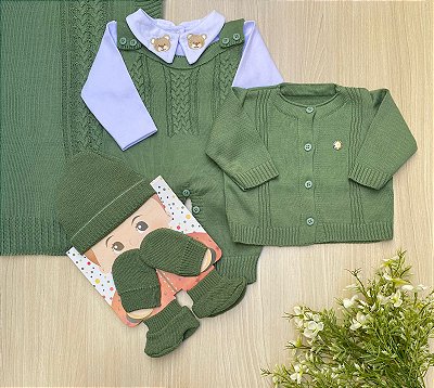 Saída maternidade menino tricot + kit gorro luvas e sapatinhos