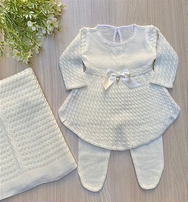 SAÍDA DE MATERNIDADE DE MENINA VESTIDO PLISSADO EM TRICOT 3 PEÇAS