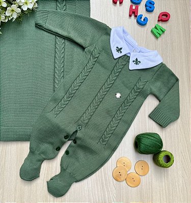 Saída de maternidade Dinhos Baby de menino em tricot macacão Antonio 3 peças