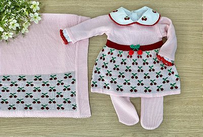 Saída de maternidade Dinhos Baby de menina vestido rosa cerejinha em tricot 4 peças
