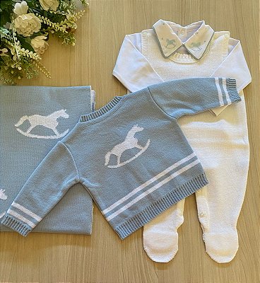 Saída de Maternidade Dinhos Baby Menino Texas Cavalinho Tricot 4 peças