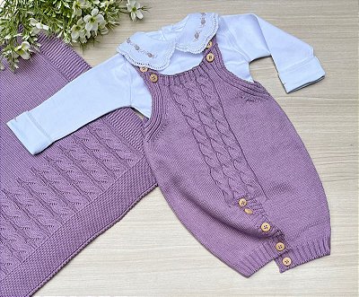 Saída de Maternidade Menina Jardineira Tricot 3 Peças - Dinhos Baby