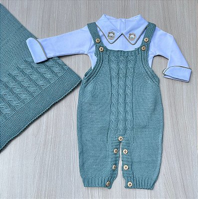 Saída de Maternidade Dinhos Baby Menino Jardineira Tricot 3 Peças