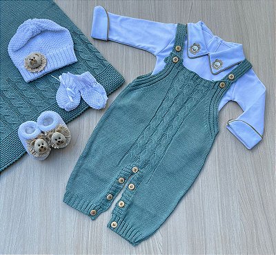 Saída de Maternidade Menino Jardineira Tricot 6 Peças - Dinhos Baby