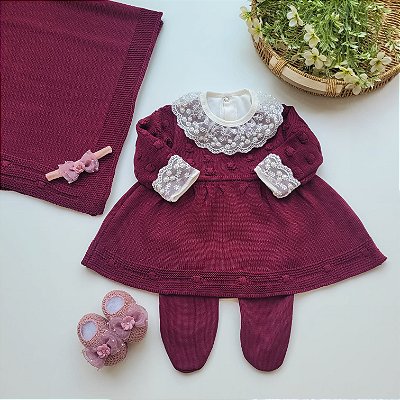 Saída de maternidade menina vestido new pipoca em tricot 6 peças