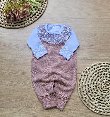Jardineira macacão vira pé menina tricot 2 peças