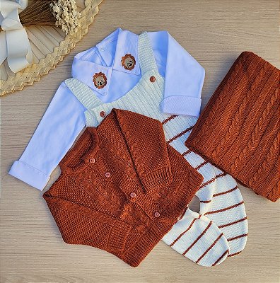 Saída de Maternidade Menino Listrada 4 Peças Leãozinho Tricot