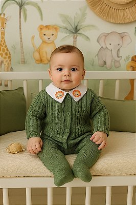 Conjunto Saída de Maternidade Menino Safari em Tricot com Gola Bordada de Leão