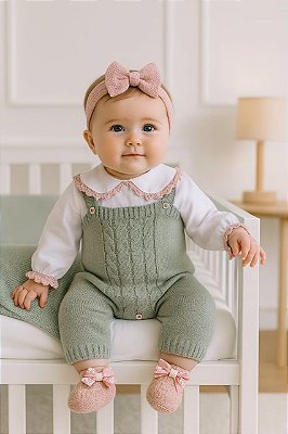 Saída de Maternidade Menina Jardineira Tricot 5 Peças - Dinhos Baby