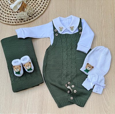 Saída de Maternidade Menino Jardineira Urso Gravata Tricot Completa