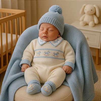 Saída de maternidade menino macacão cavalinho balanço tricot 6 peças