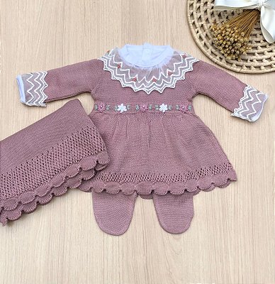 Saída de maternidade menina Vestido Florzinhas em tricot 4 peças
