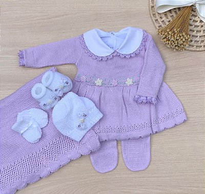 Saída de maternidade menina Vestido Florzinhas em tricot 7 peças