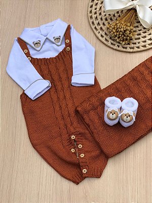 Saída de Maternidade Menino Jardineira Ursinho Aviador Tricot 4 Peças - Dinhos Baby