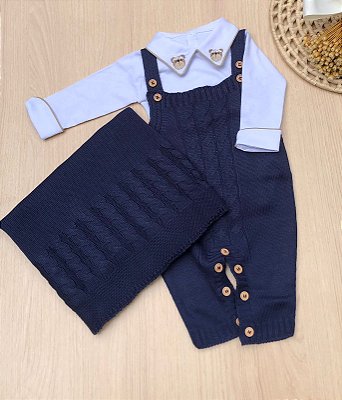 Saída de Maternidade Menino Jardineira Ursinho Aviador Tricot 3 Peças