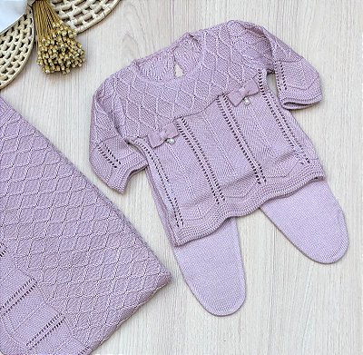 Saída de maternidade vestido menina tricot laços - 3 peças