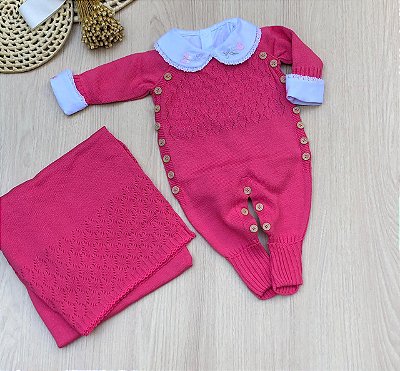 Saída de Maternidade Tricô Rosa de Borboletas Arco Íris 3 Peças