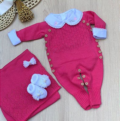 Saída de Maternidade Tricô Rosa de Borboletas Arco Íris 5 Peças